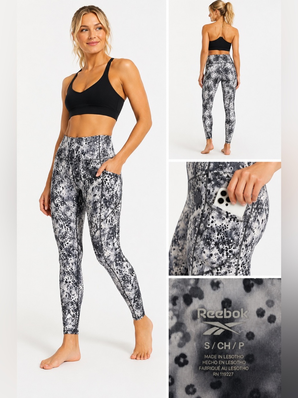 Reebok Gray Black Speckled Animal Print Pocket Leggings Size Small
